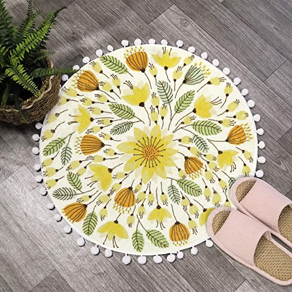Uphome Small Round Rug 2’ Circle Cute Bath Mat with Pom Poms Fringe Floral Plant Washable Bathroom Rugs Soft Non-Slip Circular Throw Rug for Shower Sink Powder Room Nursery Bedroom, Yellow