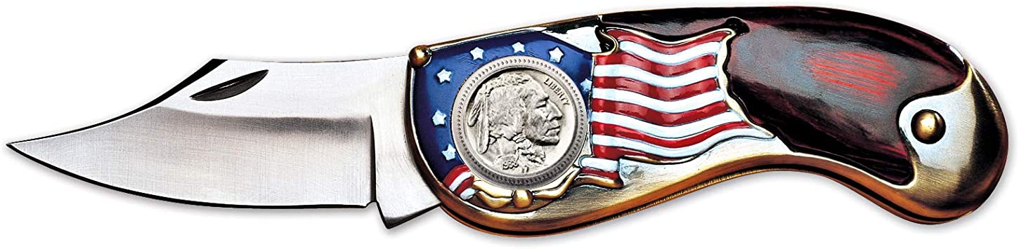 American Flag Coin Pocket Knife with Buffalo Nickel | 3-inch Stainless Steel Blade | Genuine United States Coin | Collectible | Certificate of Authenticity