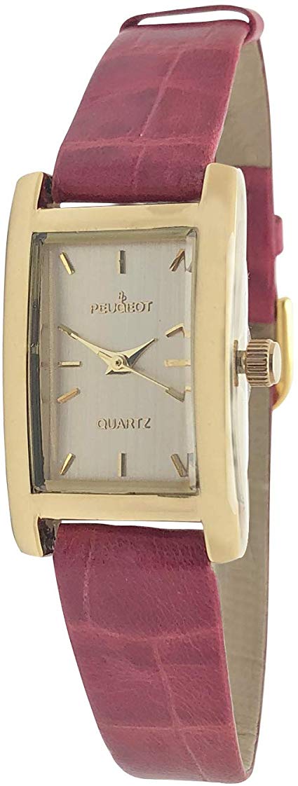 Peugeot Women's Classy 14K Gold Plated H Rectangle Case Black Leather Band Dress Watch 3007BK