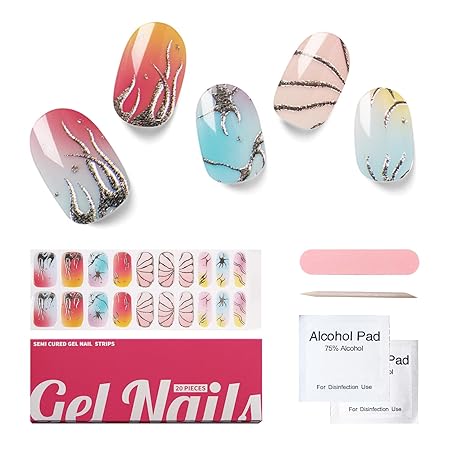 Semi Cured Gel Nail Strips, 20 PCS Gel Nail Stickers Work with UV Light, Gel Nail Wraps, Salon Quality & Easy to Use - Metallic Mirage