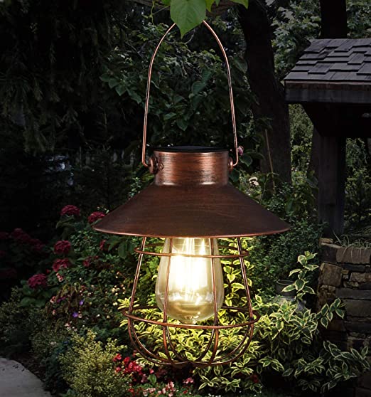 Hanging Solar Lights Outdoor -Vintage Solar Powered Lantern Waterproof Retro Solar Lamps with Warm Light Edison Bulb for Patio,Yard,Garden and Pathway Decoration(Copper)
