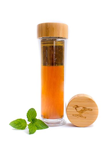 Tea Infuser Glass Bottle with Insulator Sleeve by Purity Drinkware - Great for Hot or Cold Tea Leaves & Fruits, Made with Organic Bamboo and Stainless Steel, 15 oz