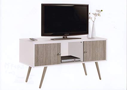Hodedah Retro Style TV Stand with Two Storage Doors, and Solid Wood Legs, White