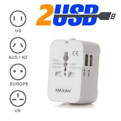 MAXAH 2 USB Charging Port (1A) Surge Protector All in One Universal Worldwide Travel Wall Charger AC Power AU UK US EU Plug Adapter Adaptor (2 USB (1A) (Upgraded)