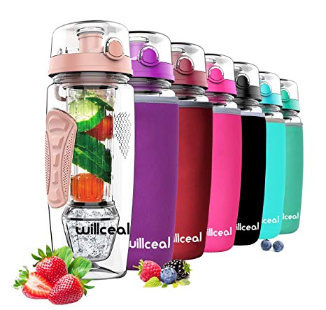 Fruit Infuser Water Bottle 32oz Durable with Detachable Ice Gel Ball, Large - BPA Free Tritan, Flip Lid, Leak Proof Design - Sports, Camping