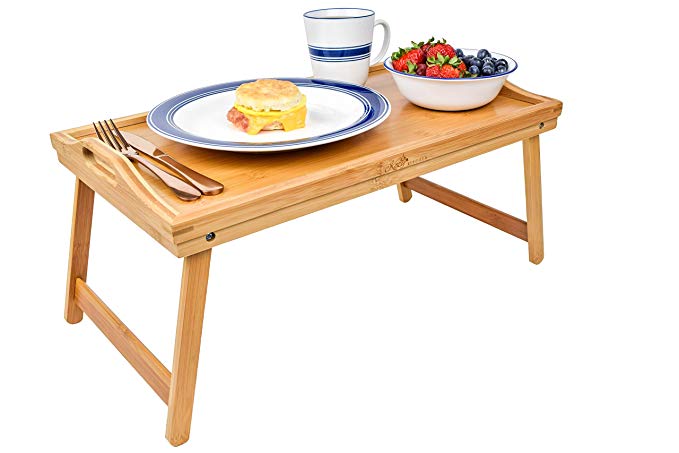 KOZY KITCHEN Foldable Breakfast Tray| Large Organic Bamboo Folding Serving Tray, Laptop Desk, Bed Table, Lap Desk| 100% Natural and Eco-Friendly Tray with Handles and Legs