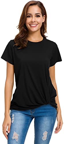 LUSMAY Womens Short Sleeve Loose Twist Knot Front T Shirts Cotton Casual Blouse