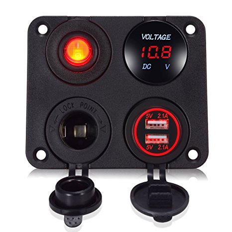 YonHan 4 in 1 Socket Charger Panel, 2 USB Socket Charger 2.1A & 2.1A   Red LED Voltmeter   12V Power Outlet   ON-OFF Toggle Switch, Four Functions Panel for Car Boat Marine RV Truck Camper Vehicles