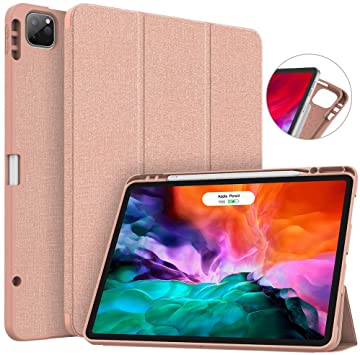 Soke New iPad Pro 12.9 Case 2020 & 2018 with Pencil Holder - [Full Body Protection   Apple Pencil Charging   Auto Wake/Sleep], Soft TPU Back Cover for 2020 iPad Pro 12.9(Rose Gold)