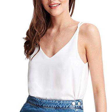 Goodfans Women V-Neck Chiffon Spaghetti Strap Cami Top Casual Solid Loose Blouse Shirts
