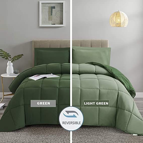 HIG 3pc Green Down Alternative Comforter Set Queen Size- All Season Reversible Comforter with Two Shams - Quilted Duvet Insert with Corner Tabs -Box Stitched –Hypoallergenic, Soft, Fluffy