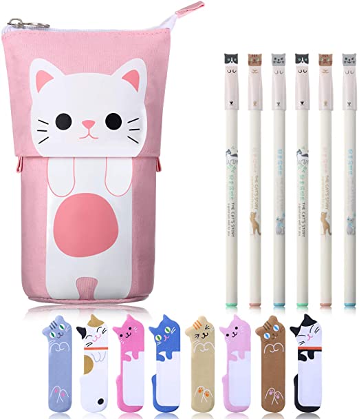 Cartoon Cute kawaii Cat Stationery Pencil Set 1 Canvas Cat Telescopic Pouch Bag 6 Colorful Cats Design 0.38 mm Black Gel Ink Pens 240 Cat Notes Page Flags Index Tabs (Funny Cat Style)