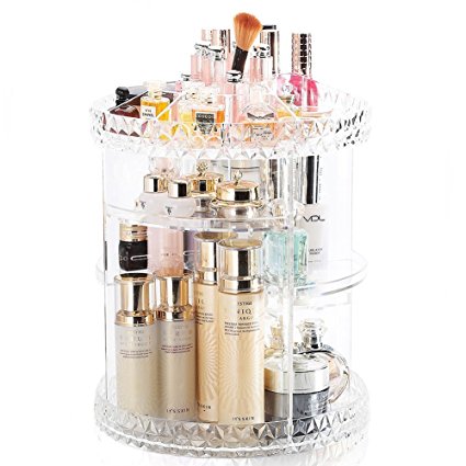 Makeup Organiser, ELOKI 360 Degree Rotating Cosmetic Display Stand, Adjustable Vanity Organizers Bathroom Shelves Countertop Organizer Cosmetic Storage, Transparent Cosmetic Storage Box, Crystal Clear