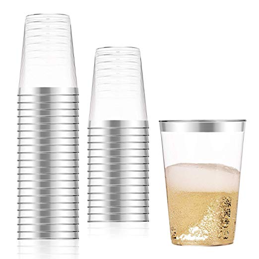 100 Count 10oz Disposable Clear Cup-Silver Trim Cup/Old Fashioned Tumblers/Plastic Wedding Cups/Fancy Party Cups