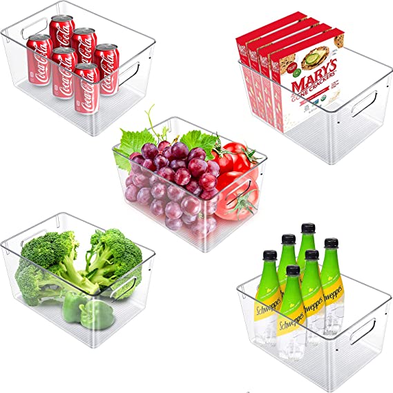 Vsadey Clear Plastic Storage Bins 5 Pack, Large Fridge Organizer Container with Handles Perfect for Organizing, Kitchens, Fridge, Cabinets, for Storing food, Snacks, Clothes, Toys - 11" x 8" x 6"