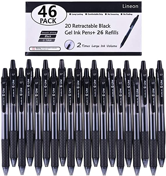 Black Gel Pens, 46 Pack(20 Gel Pens with 26 Refills) Lineon Retractable Medium Point Gel Pens Smooth Writing with Comfortable Grip for Office School