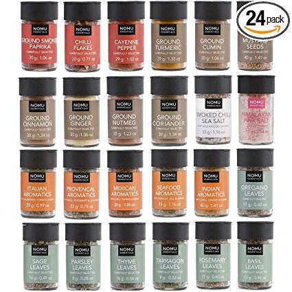 NOMU 24-Piece Starter Variety Set of Spices, Herbs, Chilis, Salts and Seasoning Blends Kit | Non-irradiated, No MSG or Preservatives