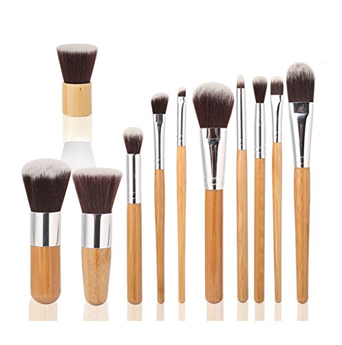 eNilecor 11 Piece Professional Makeup Brush Set Premium Synthetic Kabuki Natural Bamboo Handle for Cosmetic Blending Blush Eyeshadow Foundation Face Concealer Powder Brush Set Pouch (11Bamboo Handle)