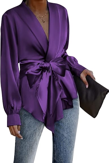 ACEVOG Women's Satin Blouse Wrap Tie Waist or Open Front Shirt Silk Drape Dressy Long Sleeve Top