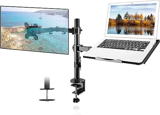 Suptek Monitor and Laptop Mount,Adjustable Monitor Arm Stand with Laptop Tray for 13-27 inch,Hold 22 lbs, with Clamp and Grommet Mounting Base