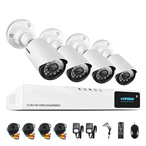 Home Security Camera System, H.View 4 Channel HD 720P AHD Video Surveillance DVR Kit, Megapixel 1200TVL Outdoor CCTV Camera Support Smartphone Remote View (No Hard Drive)