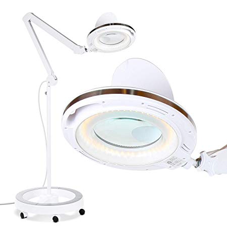 Brightech LightView Pro LED Magnifying Glass Floor Lamp - 6 Wheel Rolling Base Reading Magnifier Light with Gooseneck - for Professional Tasks and Crafts - 2.5x Magnification