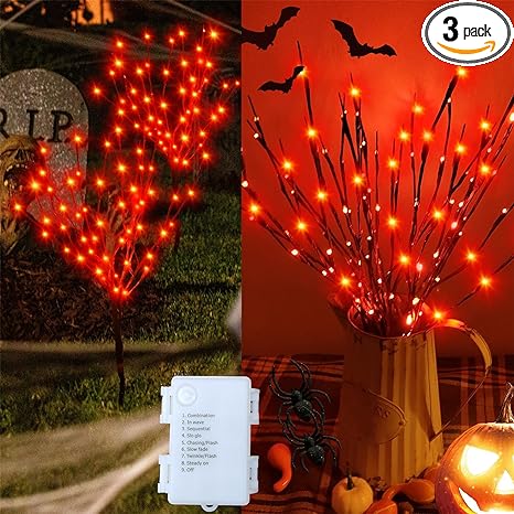 Outdoor Indoor Lighted Halloween Tree Branches Decoration, 3PCS Artificial Lit Twig Branch with Orange Fairy Lights, Battery Operated with Timer, Halloween Decor for Fireplace Pathway Lawn Front Porch