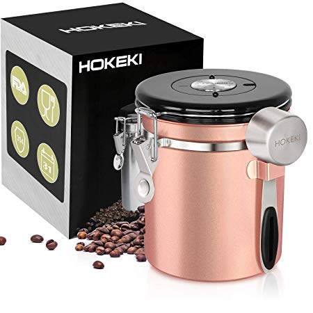 Airtight Coffee Canister, HOKEKI Stainless Steel Container for the Kitchen, Coffee Ground Vault Jar With One Way Co2 Valve And Scoop, Tea Coffee Sugar, Extra Coffee Spoon, 16 oz (Rose Gold)