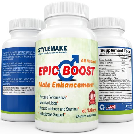 EpicBoost Male Enhancement Supplement ★ Ultra Effective and Natural Testosterone Booster ★ Blend of Tongkat Ali, Maca root, Tribulus and Ginseng root extract ★ Boosts Libido and Imparts Hardness