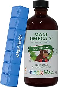Maxi Omega-3 for Kids - Omega 3 Fish Oil Liquid for Kids with DHA and EPA Fatty Acids - Kosher Made in USA Kids Fish Oil Supplement, 8 fl. oz. - Pack of 1 - with Blue Pill Case