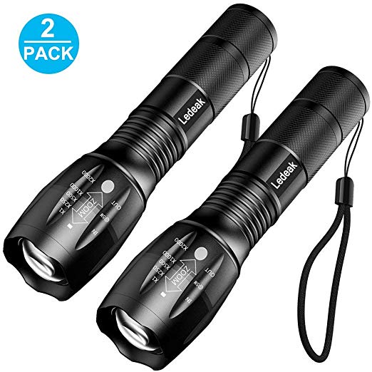 2 Pack Ledeak Tactical Flashlight, Led Cree T6 Super Bright 1000 Lumens Flashlight, 5 Light Modes Water Resistant Zoomable and Adjustable Focus Torch for Camping Hiking Emergency (As Seen On TV)