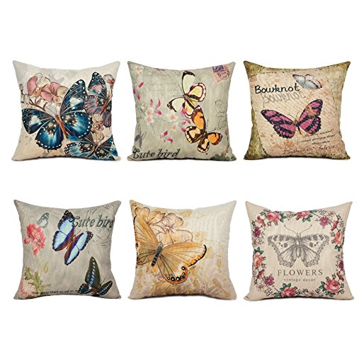 Top Finel Painting Butterfly And Flower Throw Pillow Case Cotton Linen Cushion Cover Traditional Style for Home Sofa Bed Set of 6, 18x18 Inch