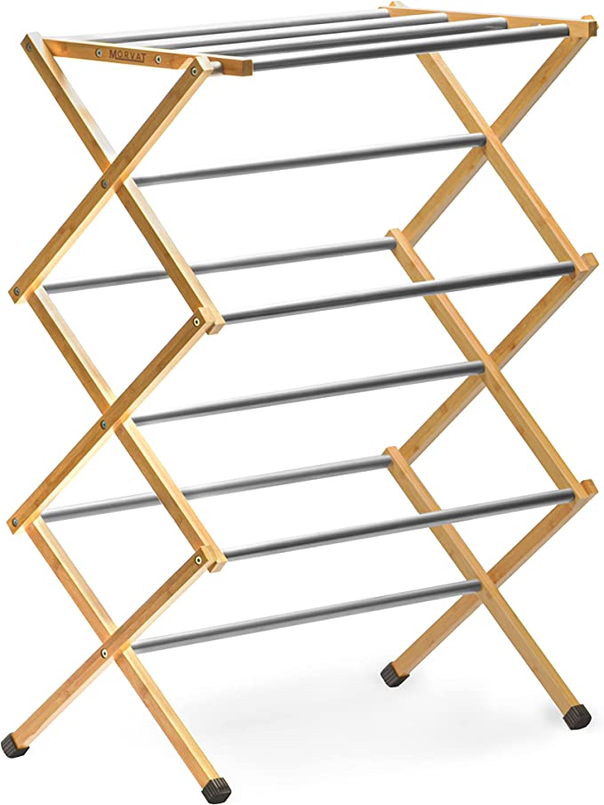 Morvat Premium Bamboo Folding Clothing Drying Rack with Steel Bars, Fully Assembled, Anti-Slip Rubber Grips, Adjustable Height, 11 Metal Poles with 23FT of Drying Space for Laundry Clothes Towels