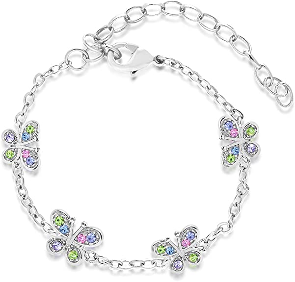 Chanteur Premium 8MM Crystal Butterfly Bracelet Kids Baby Girl Tween White Gold Tone for Children