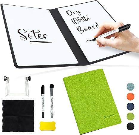 Soter White Board Dry Erase. Small White Board with Pens,Dry Erase Eraser, and Cloth. Dry Erase Board with Stand for Staff, Businessman, Artist. ECO-Friendlier Dry Erase Notebook (Green)