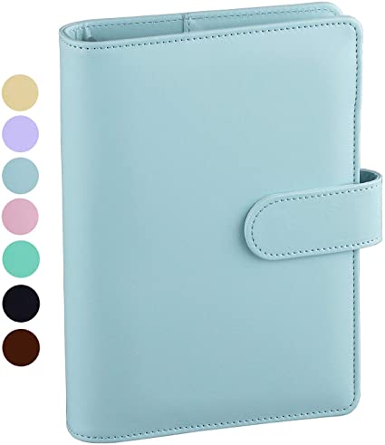 Antner A6 PU Leather Notebook Binder Refillable 6 Ring Binder for A6 Filler Paper, Loose Leaf Personal Planner Binder Cover with Magnetic Buckle, Mint Blue