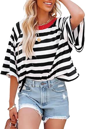 Dokotoo Tops for Women Striped 2024 Fashion T Shirts for Women Color Blocking Design Loose Basic Tee