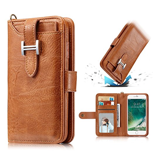 iPhone 7 Plus / 8 Plus 2-in-1 Wallet Case 5.5 inches, Bonice Pull-up Card Slots Credit Card ID Holder 2 in 1 Case Purse Premium PU Leather Folio Flip Wallet Case Shockproof Multifunctional Wrist Lanyard Strap Phone Wallet Detachable Protective TPU Silicone Case Bumper - Brown