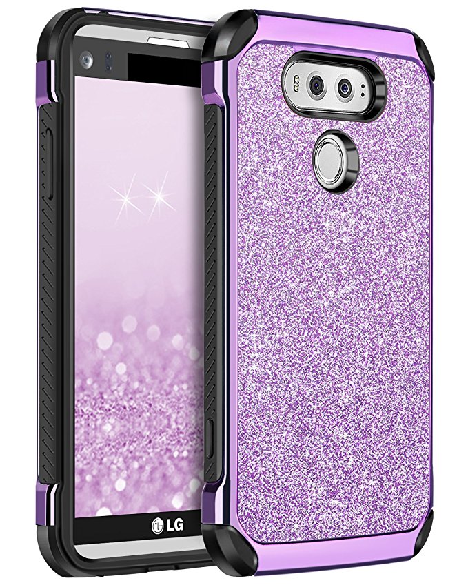 BENTOBEN 2 in 1 Ultra Slim Fit Glitter Bling Hybrid Hard Cover Laminated with Sparkly Shiny Faux Leather Chrome Shockproof Bumper Protective Phone Case for LG V20(2016 Release) for Girls&Women Purple