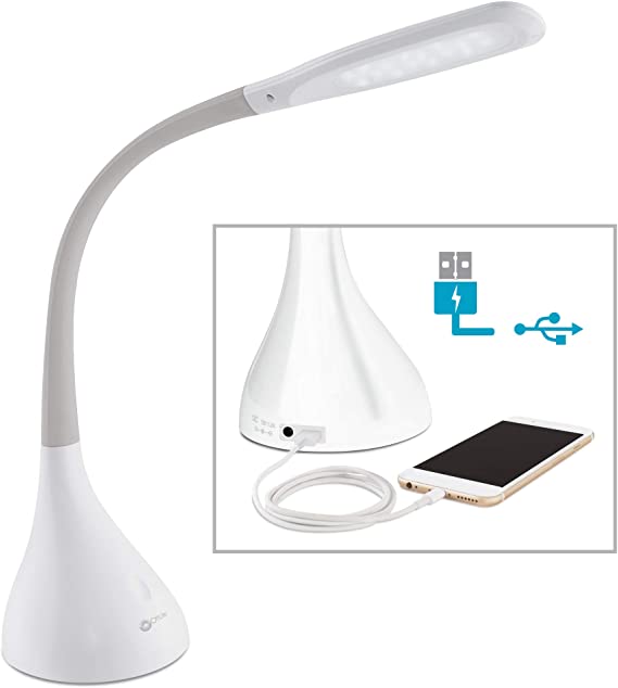 OttLite Creative Curves LED Desk Lamp | Table Lamp, Task Lamp | 2.1A USB Charging Port, 4 Brightness Settings | Great for Home, Office, Dorm, Sewing Table (White w/Grey Neck)