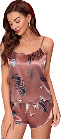 Milumia Women's Satin Pajama Set Tropical Print Sleeveless Cami Top Shorts Loungewear