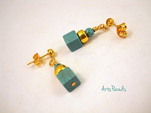 Small Square Turquoise & Gold-Plated Post Dangle Earrings by ArtsParadis