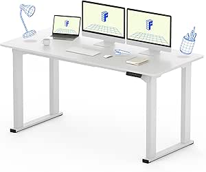 FLEXISPOT E6Q 4 Legs Standing Desk 63 x 28 Inch Adjustable Height Desk with Splice Board Home Office Sit Stand Up Desk, White Top   White Frame