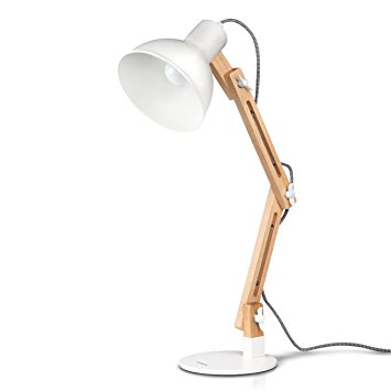 Tomons Scandinavian Swing Arm Desk Lamp, Natural Wood Designer Table Lamp for Office, Living Room, Study and Bedroom, White