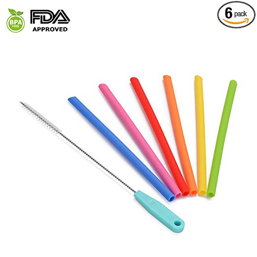 Desheng Drinking Straws - Kids Reusable Silicone Straws for take and toss cups with Cleaning Brush(BPA Free,Short,Narrow,Assorted,Pack of 6)