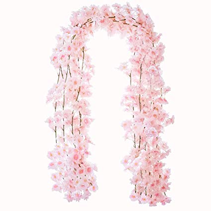 YXMYH 4pcs Artificial Cherry Blossom Flower Vines Hanging Silk Flowers Garland for Wedding Party Home Decor, 5.9 Feet