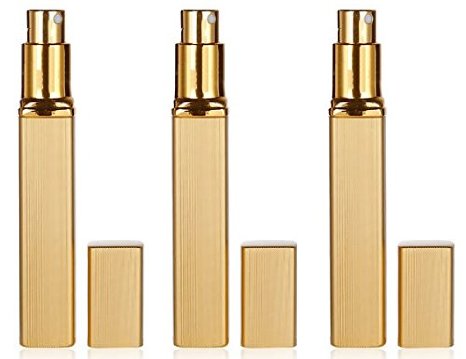 3 Pc Travel Refillable Perfume Atomizer Bottle Spray, Aluminum 12ml, Empty Spray Scent Pump Case (Gold)
