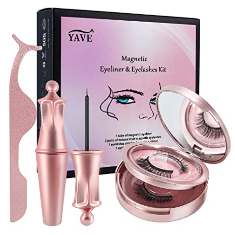 Magnetic Eyelashes and Eyeliner Kit, YAVE 2 Pairs Strongly Magnetic Lashes Kit with Mirror and Applicator Tool, Waterproof Magnetic Eyeliner, Easy to Use, Long Lasting and Reusable, No Glue Needed