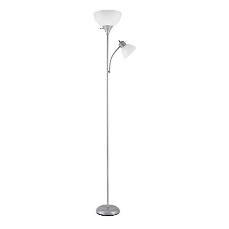 Globe Electric 67134 Delilah 72" Torchiere Floor Lamp   Adjustable Reading Light, Silver, Frosted Plastic Shade, 3-Step Rotary Switch on Floor Lamp Socket, Rotary On/Off Switch on Reading Light Socket