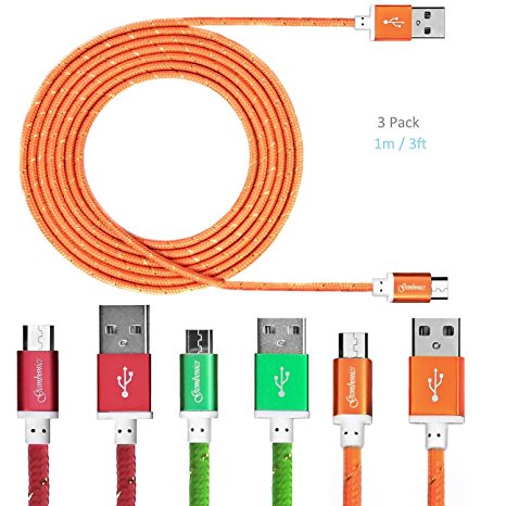 Pack of 3 Colorful Micro USB to Charging Cord Data Sync Cables by Gembonics - 3 Feet (1 Meter) - Red/Orange/Green